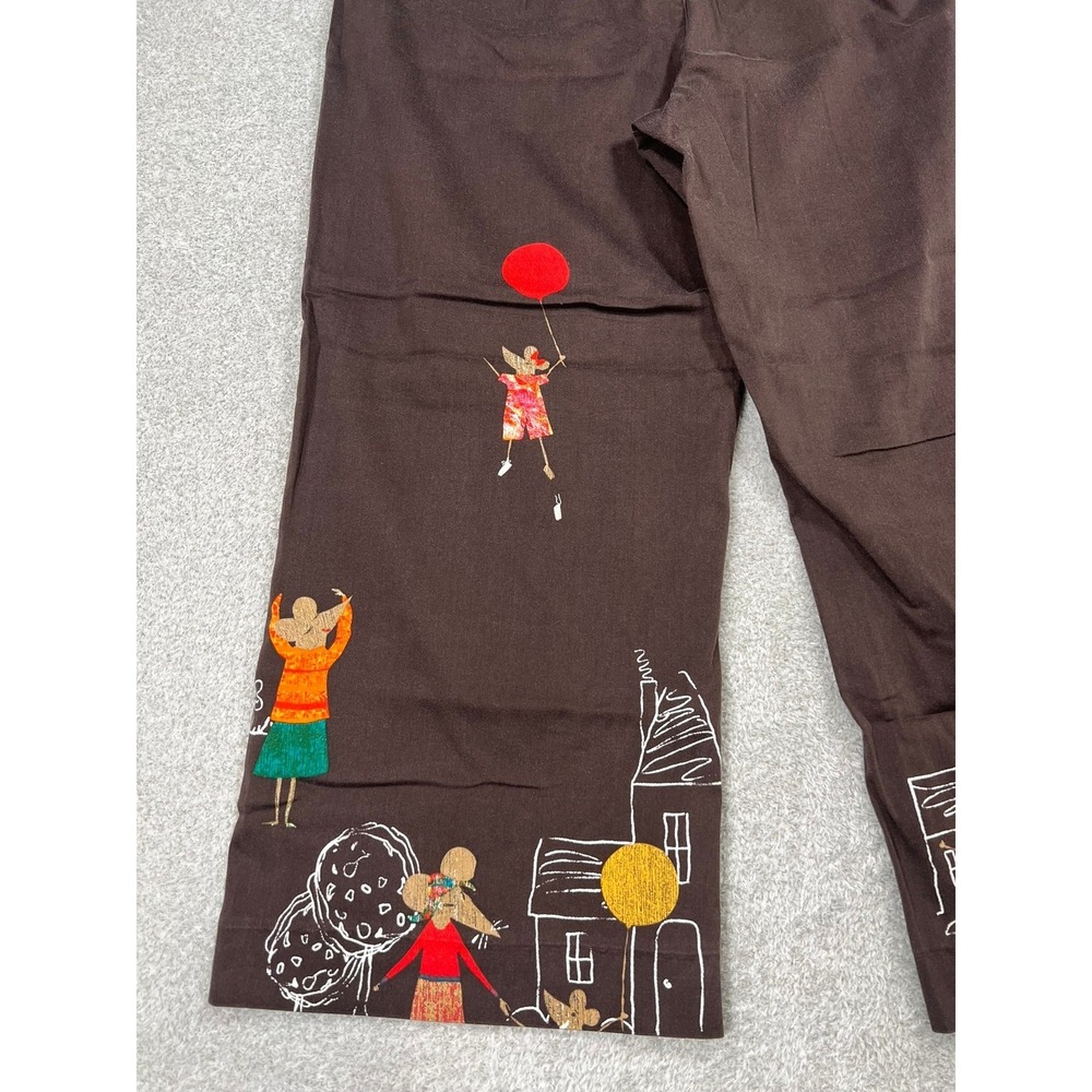 Chicos Brown Wide Leg Crop Capri Pants Mouse Village Whimsical Vintage Size 1 M - Picture 3 of 8